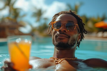 Attractive relaxed young black afro american man hotel guest sipping a cocktail in the outdoor hotel swimming pool during summer holidays