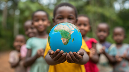Group of Children Holding a Blue and Green Globe