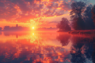 A picturesque Easter sunrise reflected on a calm lake, creating a breathtaking scene of nature's beauty. Concept of Easter tranquility and renewal. Generative Ai.