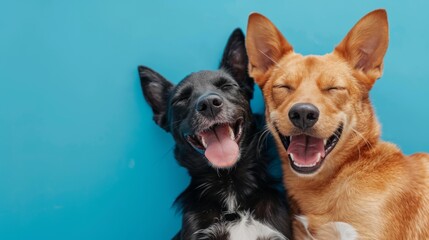 Two smiling Dogs  with open mouth ,black and ginger on blue background.