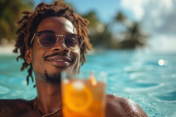 Attractive relaxed young black afro american man hotel guest sipping a cocktail in the outdoor hotel swimming pool during summer holidays
