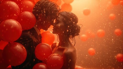 Mężczyzna i kobieta stoją przed pomarańczowymi balonami w romantycznym otoczeniu. - obrazy, fototapety, plakaty