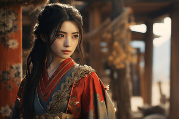 Obraz premium Japanese culture set of spiritual and material values, kimano, asia, samurai lady history beautiful pretty cute happy girl woman traditional.