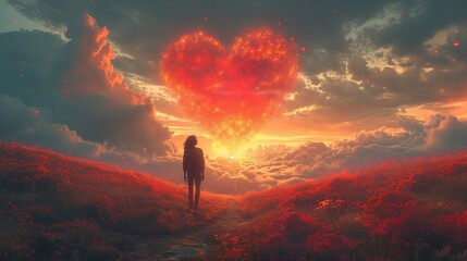 Osoba stoi na polu, pod niebem z chmurą w kształcie serca. - obrazy, fototapety, plakaty