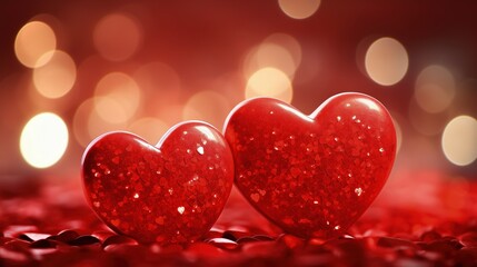 Dwa czerwone serca spoczywają na łóżku z czerwonych płatków. - obrazy, fototapety, plakaty