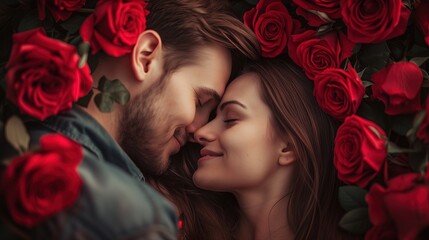 Mężczyzna i kobieta całują się przed czerwonymi różami na tle romantycznej atmosfery. - obrazy, fototapety, plakaty