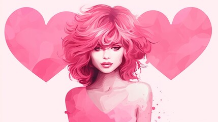 Retro obraz przedstawia portret kobiety, której włosy mają różowy kolor , stoi pomiedzy dwoma różowymi sercami