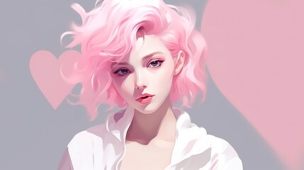 Kobieta o różowych włosach i białej koszulce na tle serca - obrazy, fototapety, plakaty