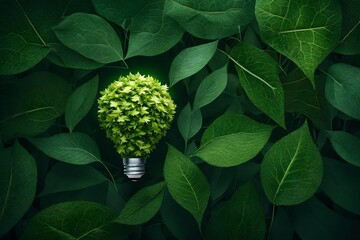 Eco friendly lightbulb from fresh leaves top vie, concept of Renewable Energy and Sustainable Living, created with Generative AI technology - obrazy, fototapety, plakaty