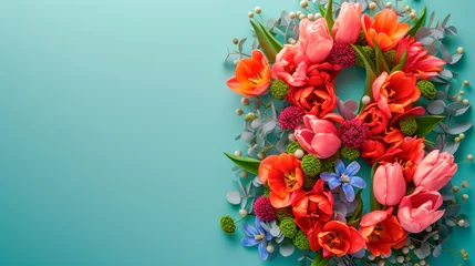 Fotobehang Flowers tulips, mimosa, hyacinths in the shape of the number 8 on a blue background with copy space, International Women's Day. Banner, flyer, beautiful postcard for March 8 © Ирина Селина
