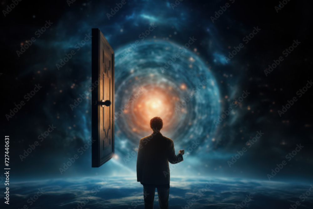 Poster a person looking through a keyhole with a galaxy inside, symbolizing the exploration of private univ