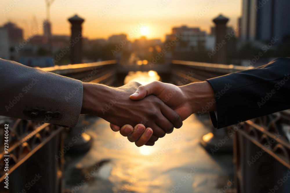 Poster a handshake forming a bridge over a digital divide, illustrating the bridging of gaps through trust.