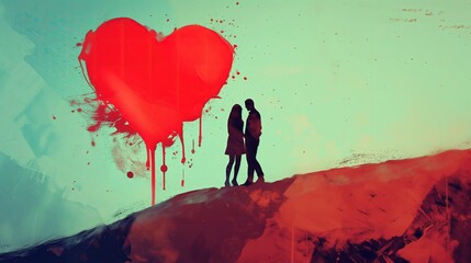 Obraz przedstawia dwie osoby stojące przed sercem z farby na wzgórzu - obrazy, fototapety, plakaty