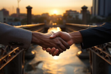 A handshake forming a bridge over a digital divide, illustrating the bridging of gaps through trust. Generative Ai.