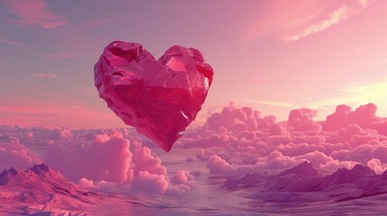 Pognieciony balon w kształcie serca, unoszący się w niebie podczas Walentynek, symbolizujący miłość i romans. - obrazy, fototapety, plakaty