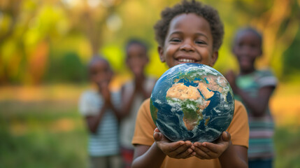 Young Boy Holding Small Globe in His Hands
