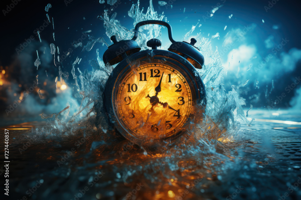 Poster a clock with its numbers melting, inspired by the fluidity of time in creative processes. concept of