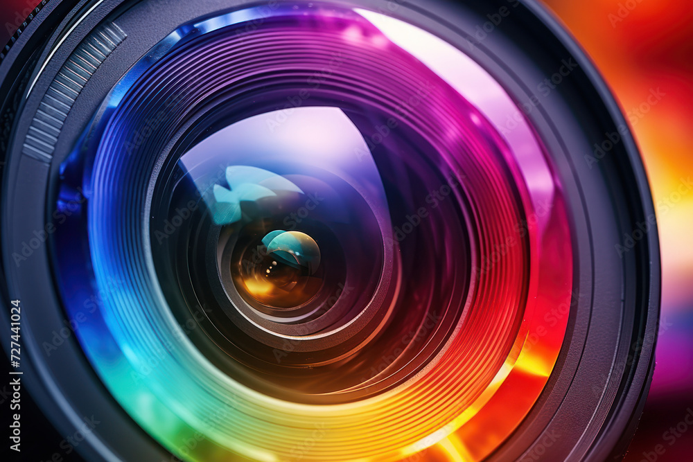 Poster a camera lens focusing on a rainbow, capturing the spectrum of imagination. concept of colorful visi