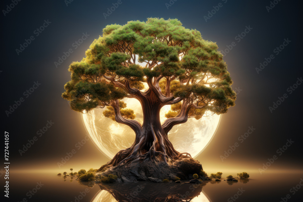 Poster a tree with roots and branches in the shape of brain hemispheres, illustrating the growth of ideas. 