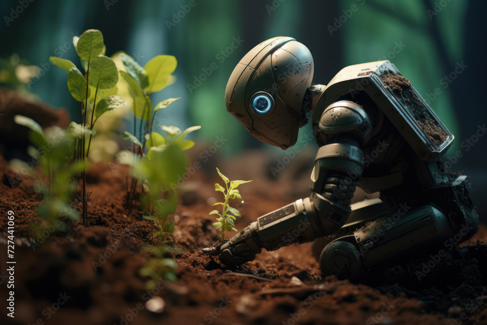Poster a robot planting a garden, representing the intersection of technology and nature. concept of techno