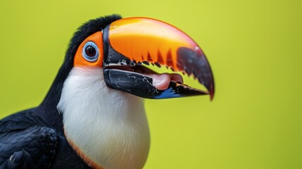 Naklejka premium TKeel-billed Toucan, Ramphastos sulfuratus, bird with big bill close up on green background