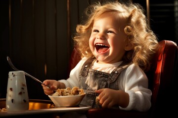 Happy little girl in high chair feeding herself breakfast with a spoon