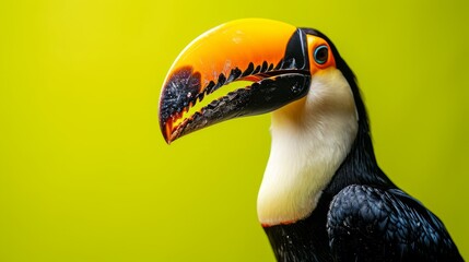 TKeel-billed Toucan, Ramphastos sulfuratus, bird with big bill close up on green background


