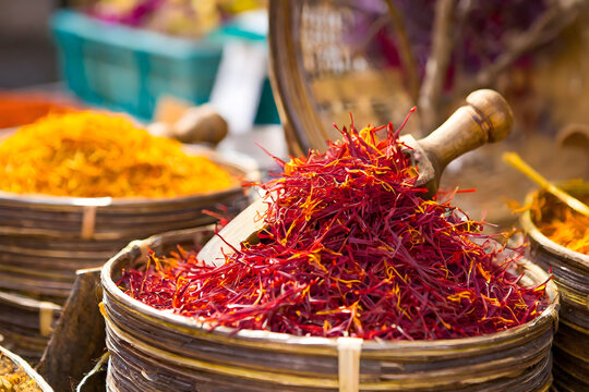 An enticing display of premium quality saffron in a spice market