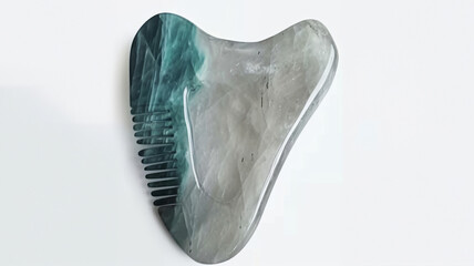 Gua Sha massager with comb isolated from background, green jade stone for face and body care.