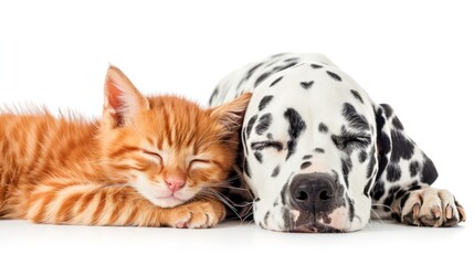 Cute Dalmatian Dog an red colored cat bonded friends together, isolated on white background - obrazy, fototapety, plakaty