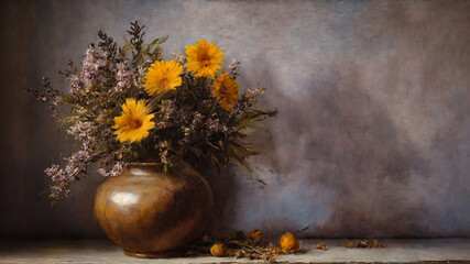 flowers oil painting, old vase with flowers, watercolor, oil painting for printing, painting on canvas, beautiful view