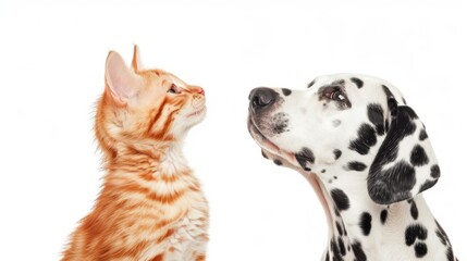 Cute Dalmatian Dog an red colored cat bonded friends together, isolated on white background