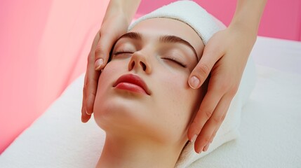 Beautiful Young Woman Getting Face Lifting Massage In Luxury Spa Salon, Masseur Making Double Chin Treatment Procedure To Relaxed Mature Female Lying With Eyes Closed, Closeup Portrait 