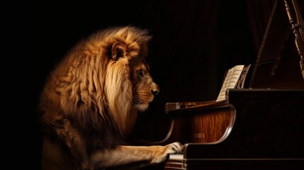 A photo portrait of a male lion plaing piano, intricate details , generated with AI - obrazy, fototapety, plakaty