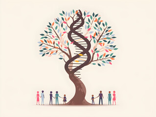 Genetic Diversity Concept - Artistic Tree with DNA Double Helix Trunk and Colorful Leaves on Warm Neutral Background for Biotechnology and Evolution Themes