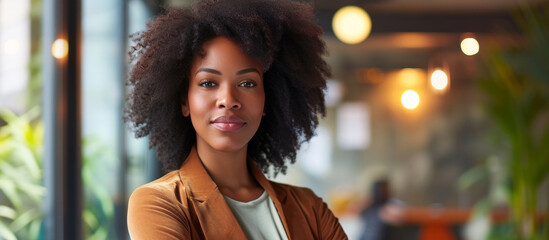 Beauty portrait of african american woman with afro hairstyle. Excited african woman with wide smile looking aside. Confident African American Businesswoman Against office Background. - obrazy, fototapety, plakaty