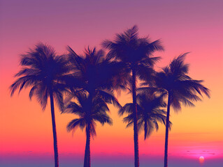 Fototapeta na wymiar Scenic Tropical Sunset with Palms - Serenity & Vacation Concept: A Quintet of Silhouetted Palm Trees Against Gradient Sky from Purple to Fiery Orange, Dawn or Dusk Ocean View with Gentle Ripples