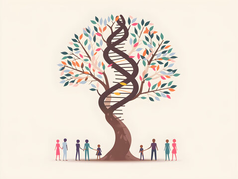 Genetic Diversity Concept - Artistic Tree with DNA Double Helix Trunk and Colorful Leaves on Warm Neutral Background for Biotechnology and Evolution Themes
