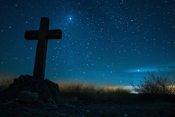 Luminous cross against a starry night sky symbolizing hope and guidance