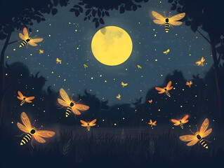Majestic Yellow Moon and Enchanted Forest Silhouette under Starry Night Sky with Luminous Fireflies - Mystical Nature Scene and Fairytale Concept