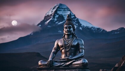 Serene Shiva Statue Overlooking Mount Kailash Under Moonlit Sky