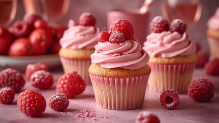 Delicious cupcakes with blueberries, raspberries on bpink background