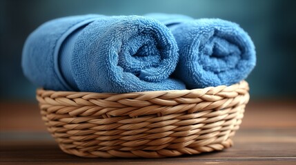 Fototapeta na wymiar Basket Filled With Blue Towels on Wooden Table