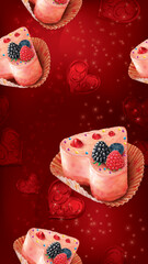 Valentines Day seamless pattern with heart shaped cake. Vector mesh illustration