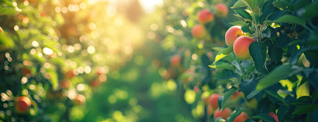 apples on trees in orchard  - obrazy, fototapety, plakaty