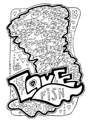 Ocean animals coloring book page. Colouring pages set for adults and kids. Funny cute sea creatures, fish. Under water life. Vacation holiday theme. Hand drawn illustration, cartoon style line drawing