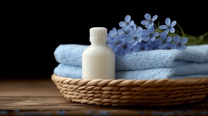 Obraz na płótnie Canvas Spa Essentials With Blue Towels and Lotion Bottle on Wood