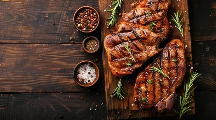 Poster Grilled pork steak with spices on dark background. © vetre