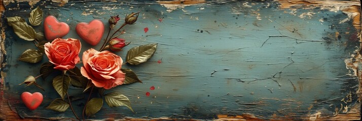 Baner vintage drewnianej belki z różane kwiaty .serce i liście na teksturze niebieskiej farby - obrazy, fototapety, plakaty