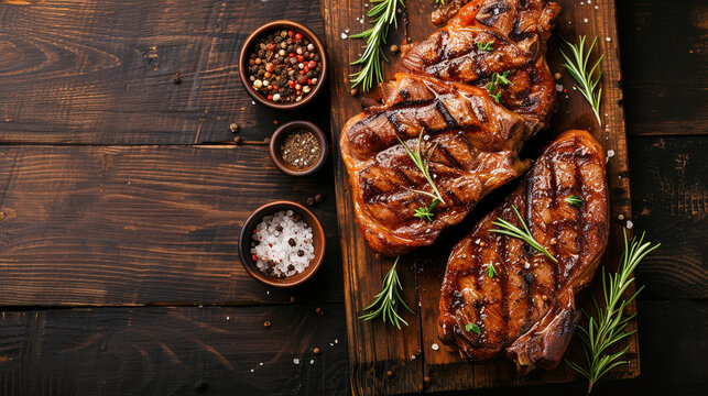 Grilled pork steak with spices on dark background.